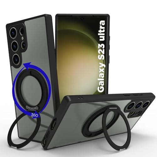 Image of RIGGEAR Shockproof Sleek Hybrid Armor 360 Rotating Magnetic Ring Stand Back Cover Case Compatible with MagSafe Accessories for Samsung Galaxy S23 Ultra (Clear PC + Black TPU Bumper)