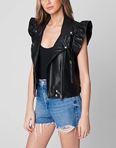 [Blanknyc] Womens Vegan Leather Moto Vest With Ruffle Sleeve, Stylish Coat & Designer Jacket, Dark Thoughts, Small #TOP2