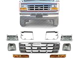 AUTOS PARTS PLUS Front Grille Chrome Shell & Plastic Insert + Bezels + Head Lamp + Signal & Corner Light Left Driver & Right Passenger Side Direct Replacement Compatible With 1992-1997 Ford F-Series