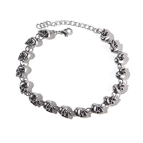 Caiyao Punk Stainless Steel Skull Skeleton Linked Chain Bracelet Tibetan Prayer Bead Mala Bracelet for Men and Women, Skull Jewelry Gift