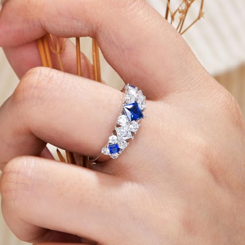 Wuziwen Princess Cut Wedding Bands for Women Blue and White Created Sapphire Sterling Silver Anniversary Eternity Ring2