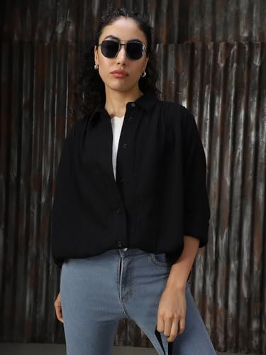 Image of High Star Women Cotton Solid Oversized Fit Casual Collar Full Sleeves Shirts