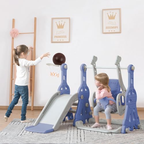 Tobogán y columpio para niños, tobogán infantil 4 en 1 con columpio, canasta de baloncesto, escalera de escalada, juego interior para niños (azul, 140 x 118 x 102 cm)