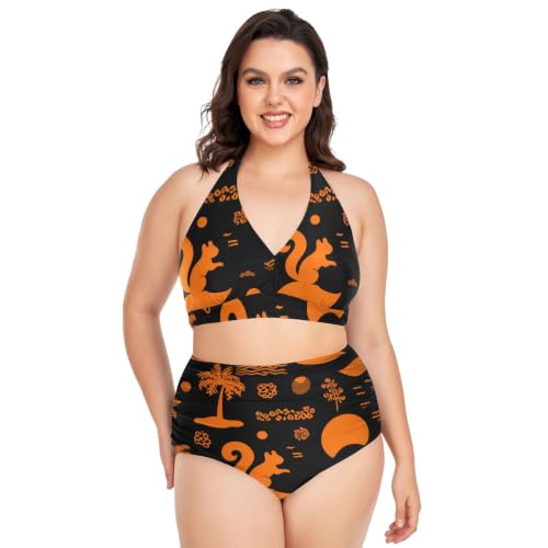 Bikini grande taille réglable deux pièces imprimé écureuil orange avec bas taille haute pour femme