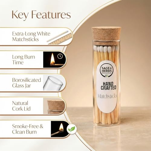 Image of Sage & Herbs Long 35 Matchsticks in a Borosilicated Cork Jar | For Fireplace, Kitchen, Home Temple | Long Burn Time Matcsticks (White, Extra Long)