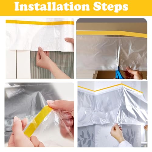 DUDUI 3 Rollen Abdeckfolie mit Klebeband 270cm x 20m Malerfolie mit Goldband UV Beständig Abdeckplane Malerarbeiten Transparent PE-Folie mit Goldband Tape, Tape Malerkrepp zum Staubschutz
