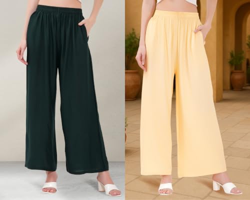 Image of Buy That Trendz Palazzo Pants for Women Rayon Elasticated Regular Fit Flared Wide Leg M to 6XL Pack of 2