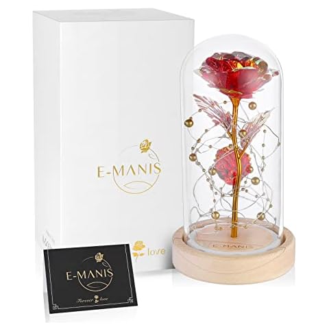 E-MANIS Beauty and The Beast Rose,Red Gold Foil Rose and Led Light with Gold Beads in Glass Dome on Wooden Base for Christmas,Valentine's Day,Mother's Day,Anniversary,Wedding,Home Decor Cover