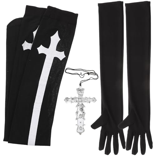 MOKKHNB Conjunto de Accesorios de Monja para Mujer 1 Set Medias Muslo Calientes, Guantes Largos de Tela Elástica Negra y Collar Colgante de Cruz para Disfraz de Carnaval y Cosplay