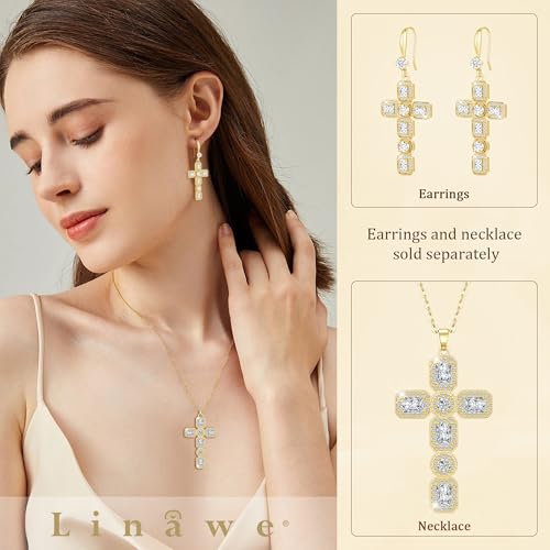 Linawe Cross Necklace for Women, Gold/Silver Jewelry Cross Charm Chain Necklaces, Moissanite Crystal Birthstone Cubic Zirconia Rhinestone Necklace, Religious Gifts3