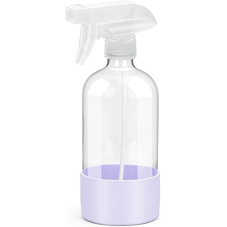Glass Spray Bottle with Silicone Sleeve Protection - 16 oz Refillable Purple Sprayer