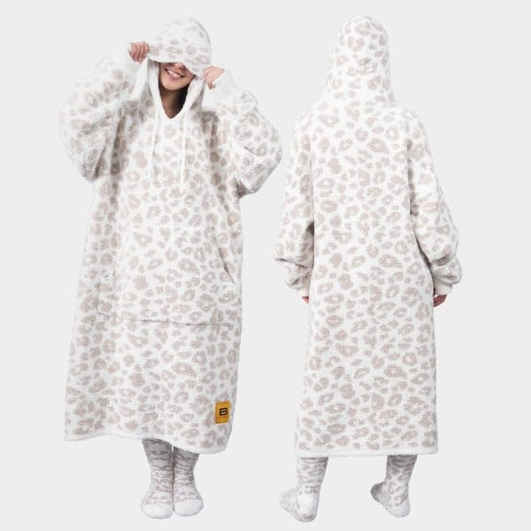Big Blanket Co Premier Plush Hoodie Snow Leopard | Ultra-Soft Wearable Blanket | Plush Sherpa-Lined Hoodie Blanket | One Size Fits All
