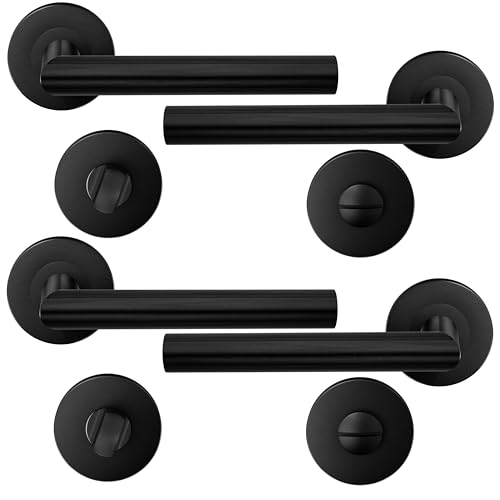 HAIFUAN 2 Pack Stainless Steel Door Handle Handles with Bathroom Knob Door Lock Handle Set Door Handle Color:Black (S02-103BK-B-2)