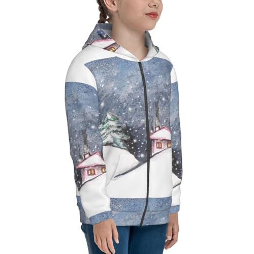 Watercolor Winter Landscape For Christmas Kid Hoodies Boys Zip Up Sweatshirts Girls Pullover with Pocket4