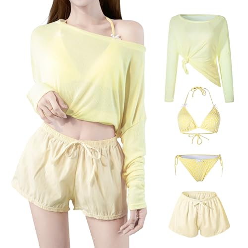 [Nippaws] 水着 レディース ビキニ 4点セット タンキニ セパレート 長袖ラッシュガード 体型カバー/UVカット/4WAY着られる/かわいいノンワイヤー パッド付きトップス ショートパンツ (JP, アルファベット, L, A.花柄-イエロー)の商品画像（Amazon）