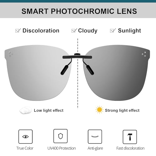 VIEWBETTER® Photochromic Clip On Sunglasses for Women Men Polarized & UV400 Protection Sun Glasses Rimless Lightweight PH31684