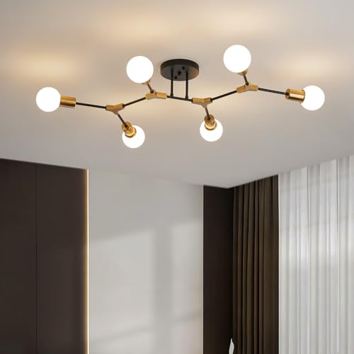 POUNEE Modern Gold and Black Sputnik Semi Flush Mount Ceiling