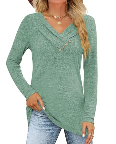 Fisoew Langarmshirt Damen Longshirt Pullover V-Ausschinitt Knopf Sweatshirt Lockere Herbst Oberteile T Shirts Tunika Top,Grün,M Fisoew Langarmshirt Damen Longshirt Pullover V-Ausschinitt Knopf Sweatshirt Lockere Herbst Oberteile T Shirts Tunika Top,Grün,M
