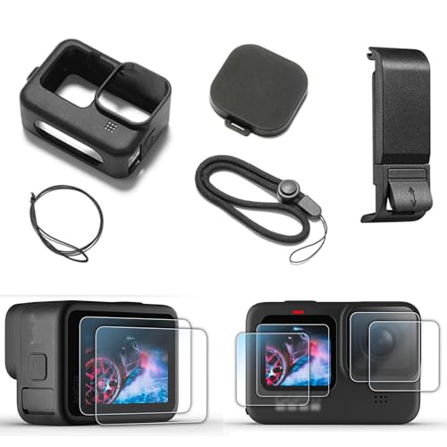 Black Silicone Protective Case for Go Pro Hero 12/Hero 11/Hero 10/Hero 9 Black,Battery Side Cover&Screen Protectors& Lens Caps&Lanyard for Go Pro Hero 12/11/10/9 Black Accessories Kit