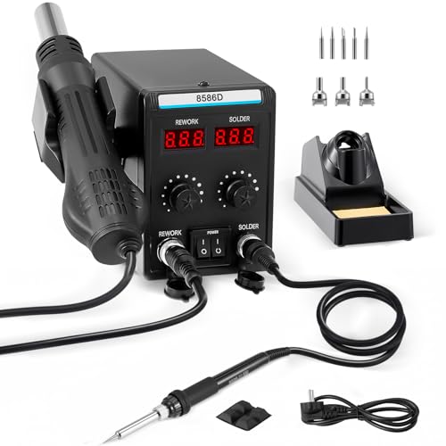 Estacion de Soldadura, 2 en 1 Soldador Aire Caliente y Soldador Estaño con temperatura ajustable Preciso, Pantalla LED, Estacion Soldadura para Electrónicos, Proyectos de bricolaje, Reparación