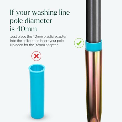 Winsome Rotary Washing Line Spike With 2 Plastic Adaptors To Fit 32, 40, 50Mm Diameter Poles | Heavy Duty Multi Fit Ground Soil Spear Base For Rotary Airers - 6