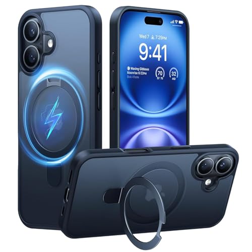 Image of AIBEX Back Cover for Apple iPhone 16 Plus MagSafe Compatible with OStand Ring Kickstand Magnetic Metal Alloy Ring | Wireless Charging | Slim Thin Scratch Resistant Armor | Shockproof Protective - Blue
