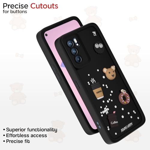 Image of Outlouders Back Cover for Oppo Reno 6 Pro 5G | 3D Cartoon Bear Cute Fun Silicone Full Body Protection Bumper Case (Black)