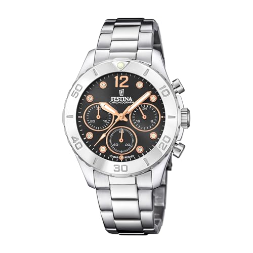 Festina Montre Femme Analogique Acier Inoxydable 316L Argenté - Quartz Chronographe - Verre minéral Haute résistance - Étanche 10 ATM F20603/6 - Boyfriend...