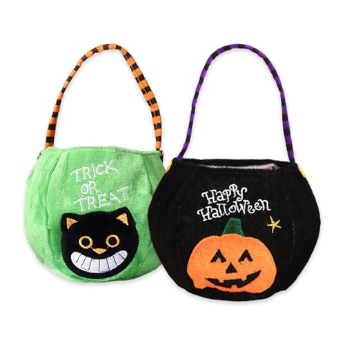 Generic 2 Pcs Halloween Pumpkin Candy Bags Hand-Held Pumpkin Cat Gift Cloth Bag Reusable Goody Trick or Treat Candy Bag for Party Favor Supplies, Green, Black