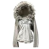 GGOOB Grunge Fur Hood Zip Up Hoodie Women Teen Girls Y2k Emo Goth 2000s Sweatshirts Cute Fall Winter Crop Coats (Light gray,Small)