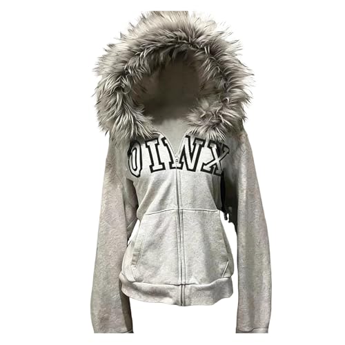 GGOOB Grunge Fur Hood Zip Up Hoodie Women Teen Girls Y2k Emo Goth 2000s Sweatshirts Cute Fall Winter Crop Coats (Light gray,Small)