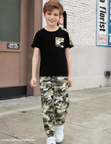 Image of mksodopy Boys Clothes Outfits Set, Camo Cargo Pants and Short Sleeve Pocket Tee 2PC Summer Tracksuit for Kids 5-16Y