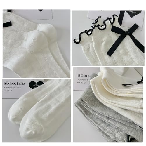 Image of Womens Bow Socks Ruffle Casual Crew Black Whitte Soft Breathable Cotton 4 Pairs Socks