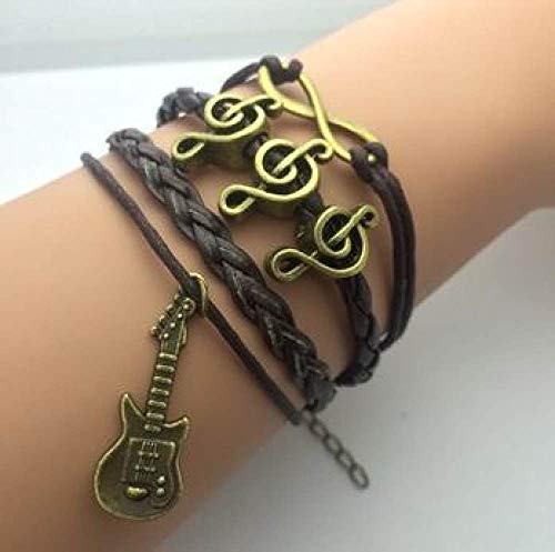 Damen Lederarmband,Vintage Leder Geflochten Armreifen Musik Gitarre Multilayer Hand Gewebt Schwarz Charme Bracelets Persönlichkeit Männer Jungen Frauen