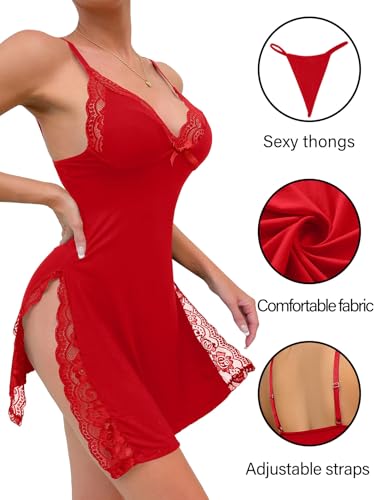 Image of Foxiny Sexy Split Side Floral Lace Trim Full Slip Night Gown Babydoll Lingerie Dress with Thong 2 piece