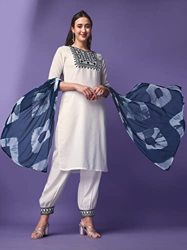 Image of Naixa Women's OffWhite Viscose Rayon Embroidered Straight Kurta with Pant and Printed Dupatta Set