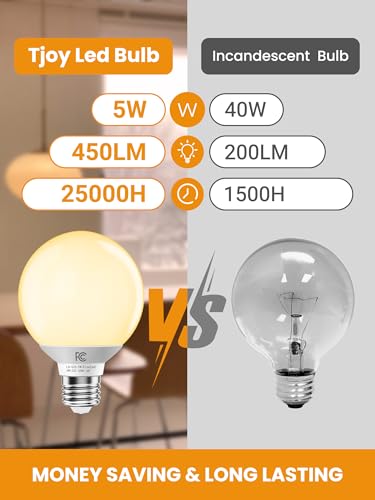 Image of TJOY G25 LED Globe Light Bulbs, Vanity Bulb for Bathroom 40W Equivalent | 2700K Soft Warm White E26 Base, Round Decorative Bulb for Vanity Makeup Mirror, CRI85+, 450LM, Non-Dimmable, UL, 4 Pack