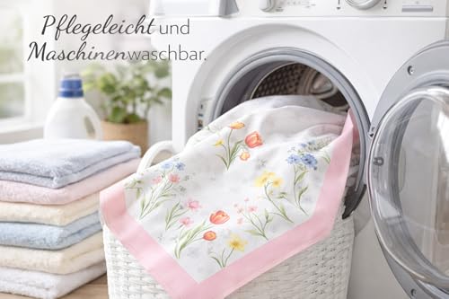 KAMACA Mitteldecke Blumenwiese – 80x80 cm Tischdecke für Frühling und Sommer – Florales Druck-Motiv für Haus und Garten – Waschbare Mitteldecke bunt mit rosa Rand