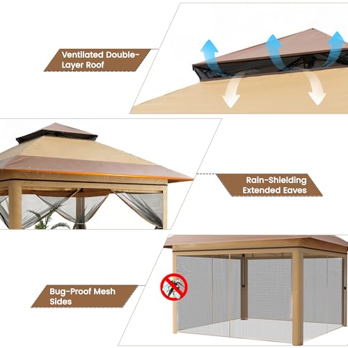Driftalia 13x13 Pop Up Gazebo, Instant Outdoor Gazebo with Mosquito Netting, Vented Roof and Carry Bag for Patio, Garden & Backyard - Beige & Coffee - Image 5
