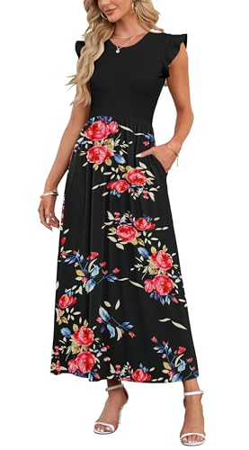 Image of AUSELILY Women Summer Maxi Dress Ruffle Petal Short Sleeve Dresses with Pockets Casual Crew Neck Floral Long Dress Rose Black,L
