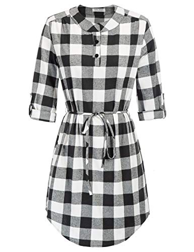 Kate Kasin Women Plaid Mini Shift Dress Belted Roll Up Sleeves Tunic Dress Casual Loose Fit #TOP28