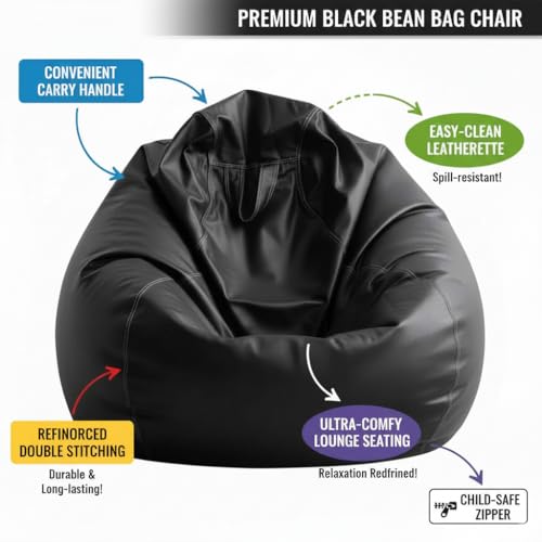 Image of 4XL Premium Faux Leather Bean Bag Cover Tear Drop Shape with Handle (Without Beans) Large Bean Bag Sofa Chair Cover for Adults & Kids Comfortable Seating for Living Room & Bedroom