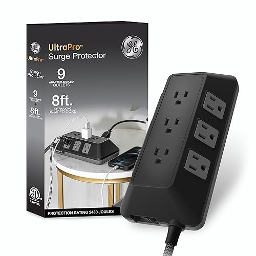 Protección Eléctrica, Personal Computer GE UltraPro Adapt - Protector de sobretensiones de 9 Tomas, Cable Trenzado de 8 pies, Protector de sobretensión, Tira de alimentación de protección contra...