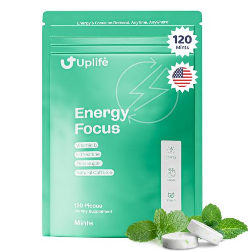 Image of Uplife Energy and Focus Mint 120ct | 40mg Natural Caffeine + 80mg L-Theanine + Vitamin B12 & B3 | Sugar-Free, Vegan | Nootropic Caffeine Mint for Clean Energy & Mental Clarity, Made in USA, Peppermint