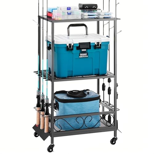 VEVOR Support de canne à pêche à 10 pôles, chariot mobile à roulettes pour canne à pêche, pour garage, maison, intérieur, pour rangement de boîtes de pêche, moulinets, accessoires, cadeaux pour hommes
