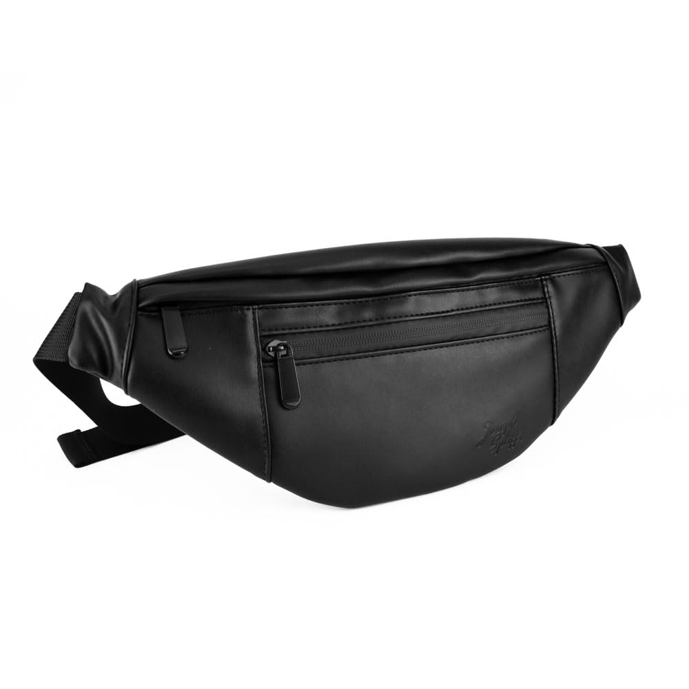 Day Trip Smell Proof Fanny Pack Bag Black PU Leather - 6.2"x14.5" Perfect Cross Body Bag Waist Pack for Festivals, Concerts Travel, Golf, Camping, Beach and Pool Days