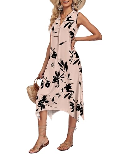 Image of AUSELILY Womens Summer Midi Dress V Neck Sleeveless Casual with Pockets | Flowy womens summer dress with asymmetrical hem, great for beach, vacation and daily wear