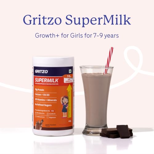 Gritzo SuperMilk Growth+ (Formerly Height+) (7-9y Girls), 10g Protein Powder (Double Chocolate, 400g) | Zero Refined Sugar, 20 Vitamins & Minerals
