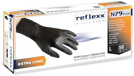 Reflexx N79P/L Extra long, 30 cm, powder free nitrile gloves gr7.7, Size Large, Black (Pack of 50)