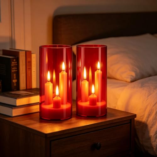 Image of 2 Pack 3D Wick Flameless Taper Candles, Red Transparent Acrylic Cover LED Flickering Candle Lights, Remote Control Battery Operated Electric Candles for Valentine Wedding Christmas Home Table Decor.